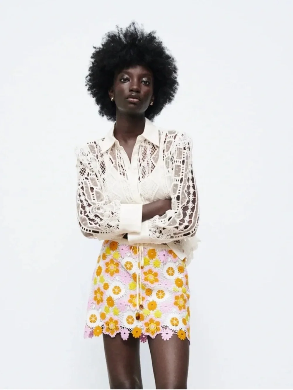 ZARA - Pink and Yellow Floral Crochet Mini Skirt - Size XS